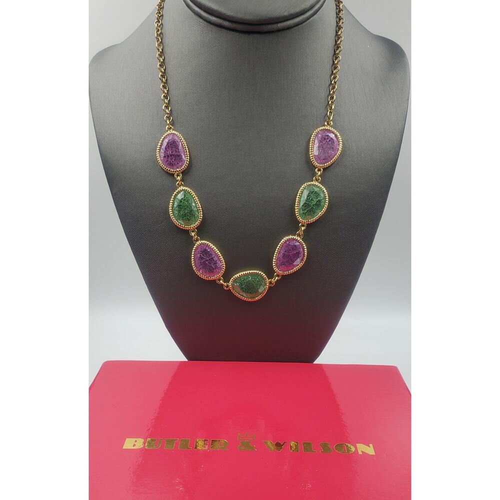 Vintage Butler and Wilson Crackled Pink Rose & Green Glass Stone Necklace in Box